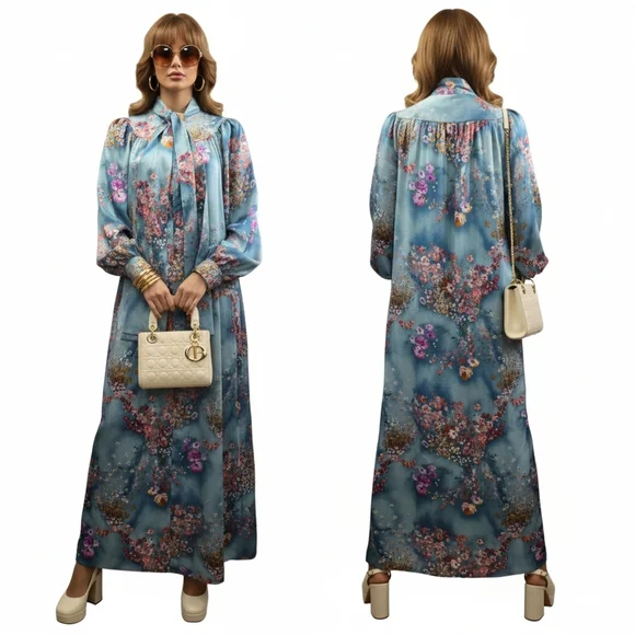 VTG 70s Christian Dior Canada Floral Maxi Robe Lavallière Gown Size S - Picture 3 of 10